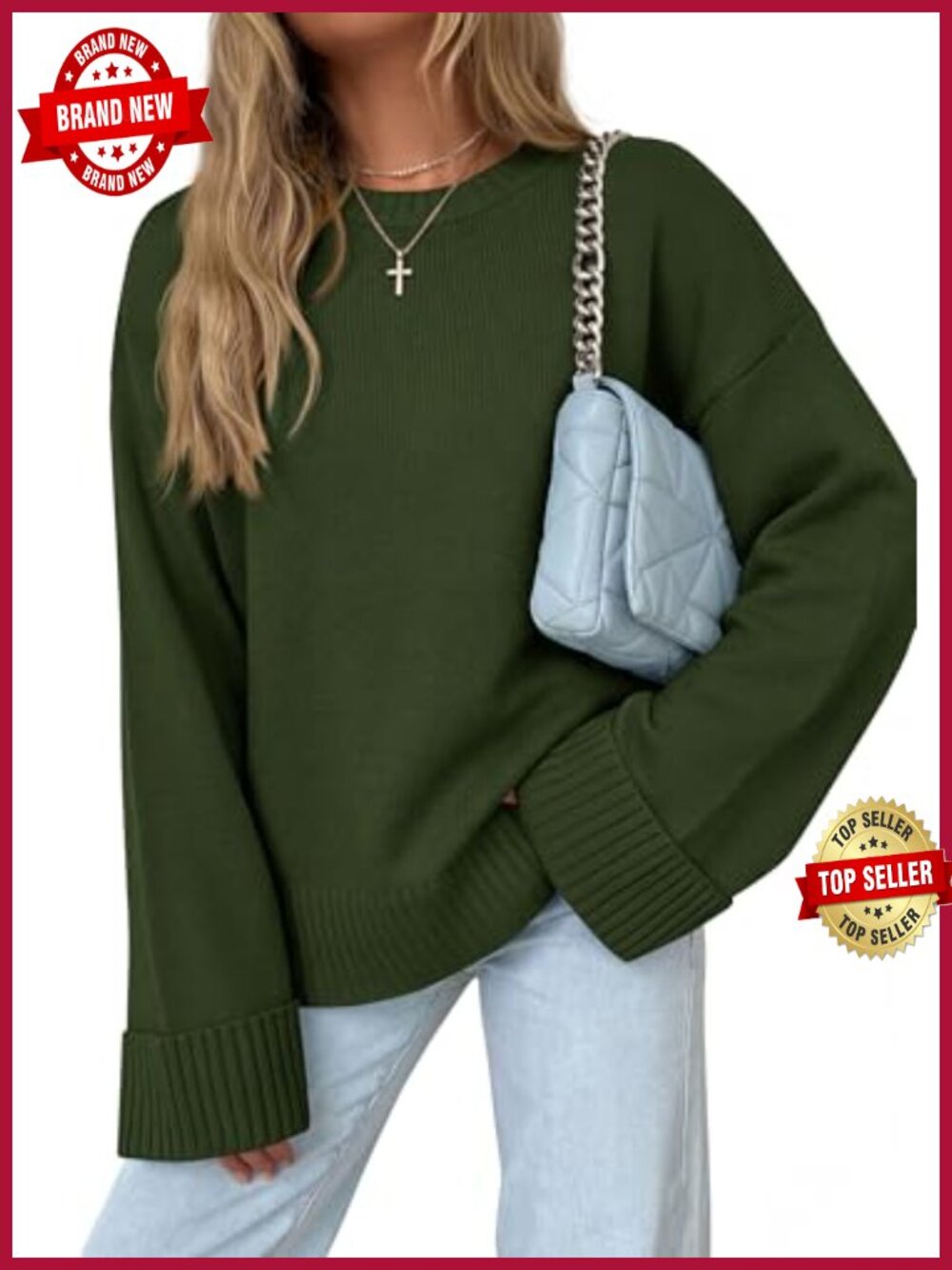 Oversized Crewneck Long Sleeve Pullover Sweater Ribbed Trim Wrinkle-Resistant